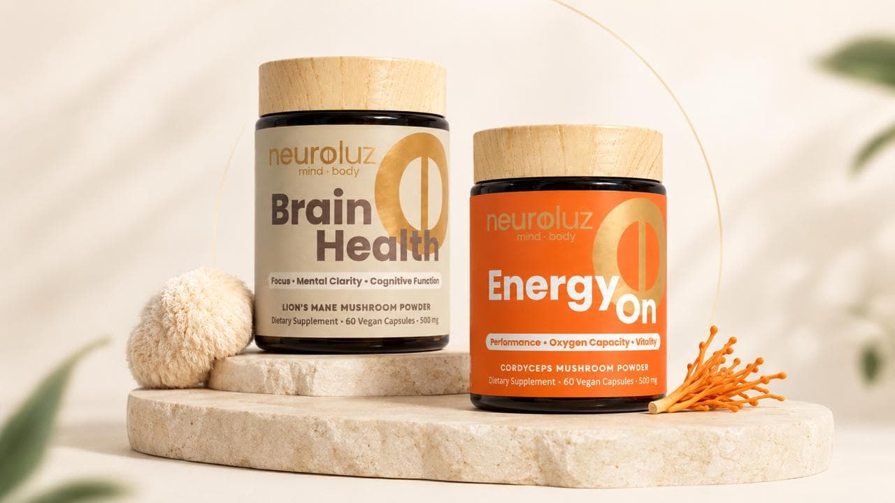 Productos Neuroluz Brain Health y Energy On sobre una base de piedra